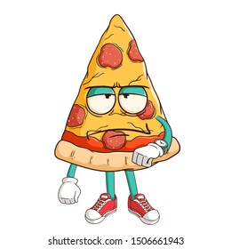 Pizza slice cartoon character tired waiting someone with funny bad expression