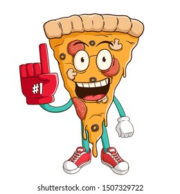 Pizza slice cartoon character wear support glove with funny smile face