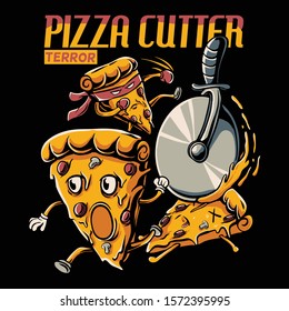 Pizza slice cartoon chased by pizza cutter wheel. Cartoon pizza boxer pop art style. Pizza cutter terror. Funny concept for tshirt design, sticker, web, banner, card, poster, and phone wallpaper