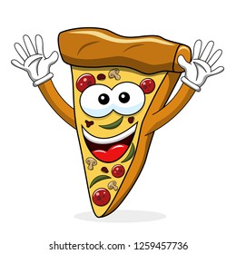 Pizza slice cartoon funny waving isolated on white