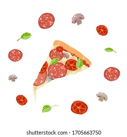 Pizza slice cartoon hand drawn vector illustration. Pepperoni, tomato, mushrooms, basil, mozzarella cheese  ingredients. Pizzeria concept, design element. Cooking, baking dough cake.