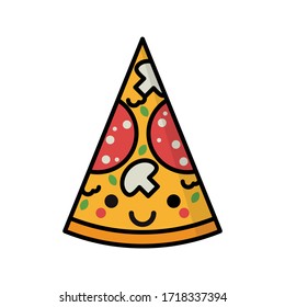 Pizza slice cartoon icon. Vector illustration kawaii triangle pizza with cheese, salami and mushrooms isolated on white background.