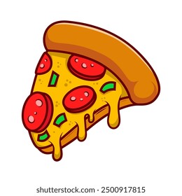 Pizza slice. Cartoon pizza illustration. Pizza with Melted cheese Cartoon Icon. Design element for emblem, poster, icon, menu. Vector illustration