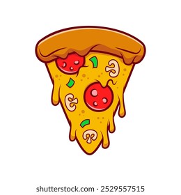 Pizza slice. Cartoon pizza illustration. Pizza with Melted cheese Cartoon Icon. Design element for emblem, poster, icon, menu. Vector illustration