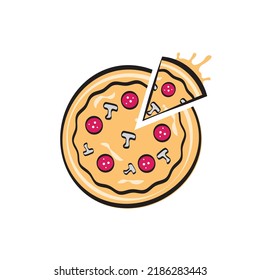 Pizza and pizza slice cartoon illustration, vector isolated on white background. 