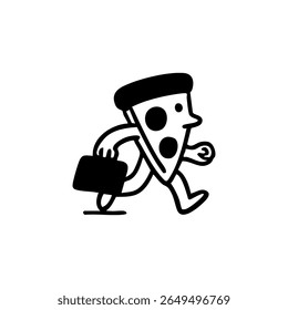 A pizza slice character with a briefcase, walking