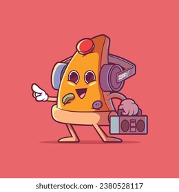 Carácter Pizza Slice con auriculares y una ilustración vectorial boombox. Comida rápida, concepto de fiesta.