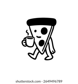 A pizza slice character holding a coffee cup, walking