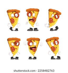 Pizza Slice Character with Melting Cheese Expressing Different Emotion Vector Set