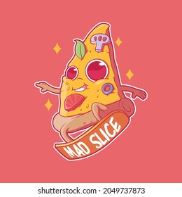 Pizza slice character riding a board vector illustration. Delivery, food, brand design concept.