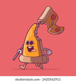 Pizza slice character running with a pizza flag vector illustration. Fast food, mascot design concept.