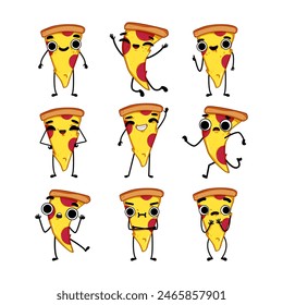 pizza slice character set cartoon. face cheese, beer adorable, mascot emoji pizza slice character sign. isolated symbol vector illustration