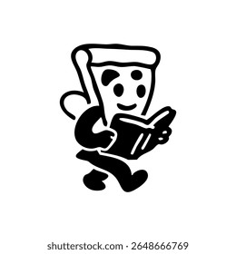 A pizza slice character walks while holding a book