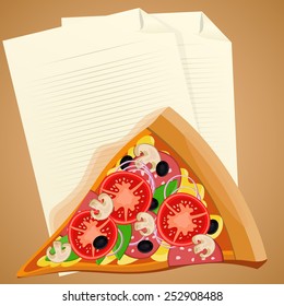 Pizza slice with check list. Lunch break concept. Vector.