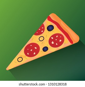 Pizza slice with cheese, pepperoni and olives. Eps10 flat vector icon.