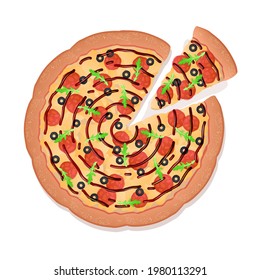 Pizza y rodajas con queso, pepperoni, aceitunas, verduras, arugula con salsa barbacoa aislada en blanco. Ilustración vectorial para tarjeta postal de saludo, banner, publicidad, menú, artículos.