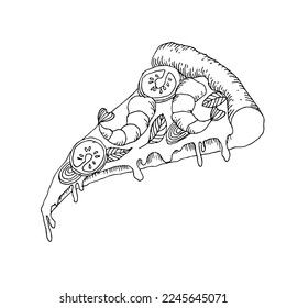 Pizza slice with cheese, shrimp and tomato. Vintage hand drawn line sketch vector illustration