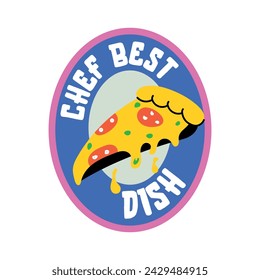 Pizza slice with chef best dish typography, flat sticker 