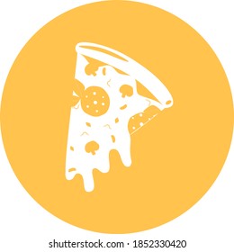 Pizza slice in circle icon. Slice of cheesy pepper pizza with melted cheese, mushrooms, sausage, pepperoni icon. Pizza vector illustration. Decoration for greeting cards, posters, patches, prints. 