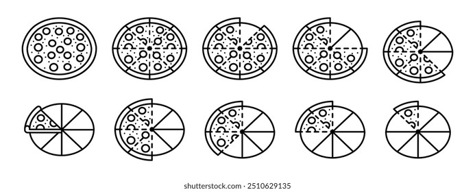 Pizza slice circle segmentation outline icon set. Piece of pizza pie portion division vector illustration. Half of pizza section isolated line pictogram collection.