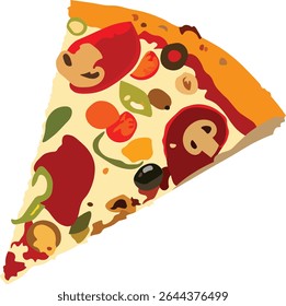 "Pizza Slice Clipart" apresenta uma ilustração vibrante e brincalhona de uma fatia de pizza brega com coberturas saborosas, ideal para designs de menus, blogs de comida e projetos culinários criativos.