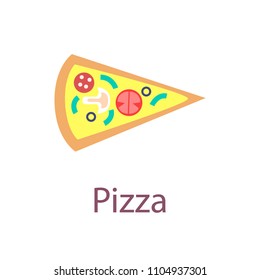 Pizza slice closeup poster with headline, delicious food with mushrooms, olives pieces, greenery and red tomatoes, isolated on vector illustration