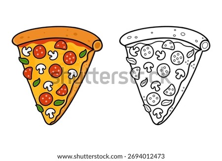 Pizza slice coloring page and colored illustration
