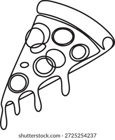 Pizza slice, continuous line drawing. Delicious fast food, pepperoni and melted cheese, perfect snack or meal. Minimalist linear art of Italian cuisine favorite. Modern single line design.