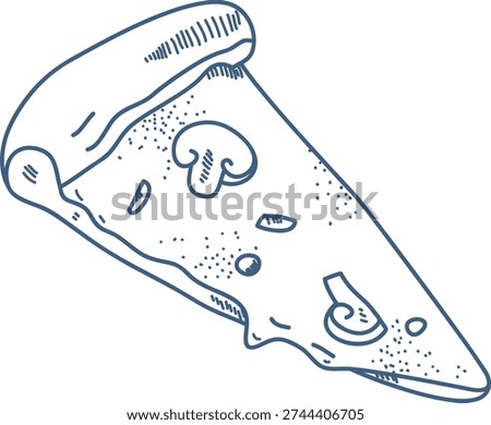 Pizza slice with crust, cheese, mushroom, and topping rendered in hand-drawn linework and stipple texture. Evokes dolce vita, street food craving, comfort snack appeal. Cartoon vector illustration.