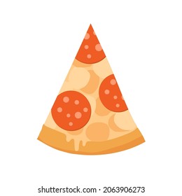 Pizza slice with crust and salami sausages. Triangle piece of Italian fast food. Fastfood with pepperoni and mozzarella cheese, top view. Flat cartoon vector illustration isolated on white background