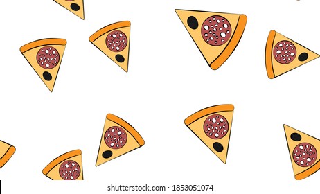 Pizza slice cute seamless pattern on white background, perfect for packaging, restaurant and cafe menu, valentine card and much more.