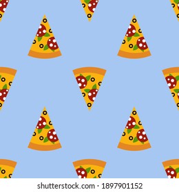 Pizza slice cute seamless pattern on blue background, perfect for packaging, restaurant and cafe menu, valentine card and much more