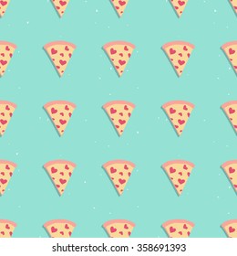 Pizza slice cute seamless pattern with hearts on blue background, perfect for packaging, restaurant and cafe menu, valentine card and much more