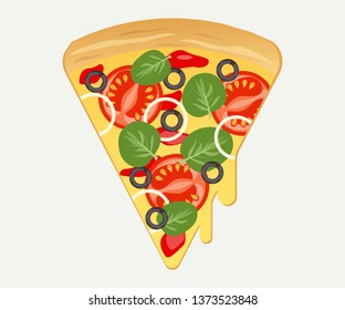 
Pizza slice. Decoration for greeting cards, posters, patches, prints for clothes, emblems. Fresh pizza with tomato, cheese, olive, onion,spinach .  Isolated background. EPS10 vector illustration