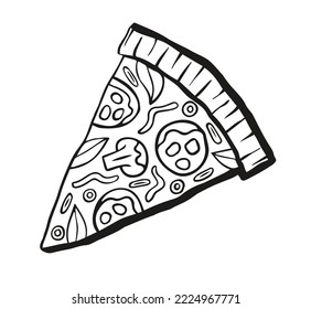 Pizza slice design. Tasty food symbol. Black lines style vector.