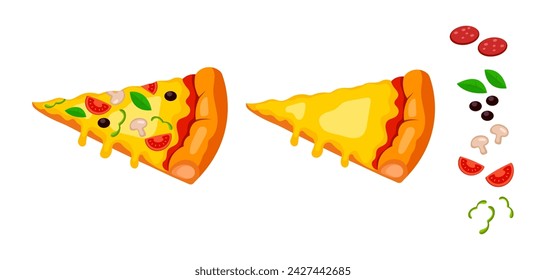 Pizza Slice Designer, bearbeitbar. Baue die Pizza selbst zusammen. Pizza mit Wurst, Basilikum, Tomaten, Oliven, Käse, Pfeffer, Pilze. Illustrationen für Restaurants, Poster, Cafés, Fast Food. köstlich