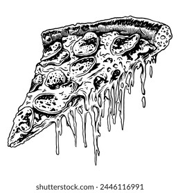 Pizza slice with detailed line art, vintage, engraving style