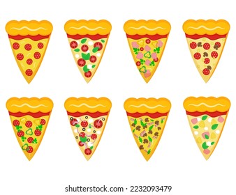  Pizza slice with different stuffing. Fast food Illustration