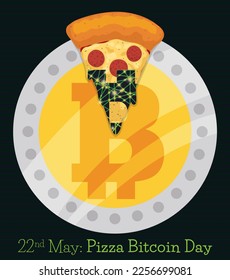 Pizza slice with digital effect over round cryptocurrency and dark green background, with scanlines to commemorate Pizza Bitcoin Day this 22nd May.