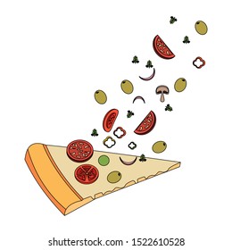 pizza slice dough with ingredients falling over white background, vector illustration