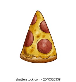 Pizza slice drawing. Hand drawn pizza illustration. Great for menu, poster or label.