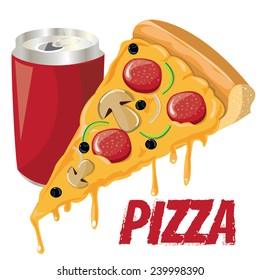 pizza slice and drink on white,vector