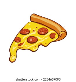 Pizza slice with dripping cheese. A slice of Italian pizza on a white background.Vector Illustration.