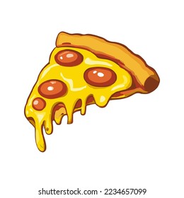 Pizza slice with dripping cheese. A slice of Italian pizza on a white background.Vector Illustration.