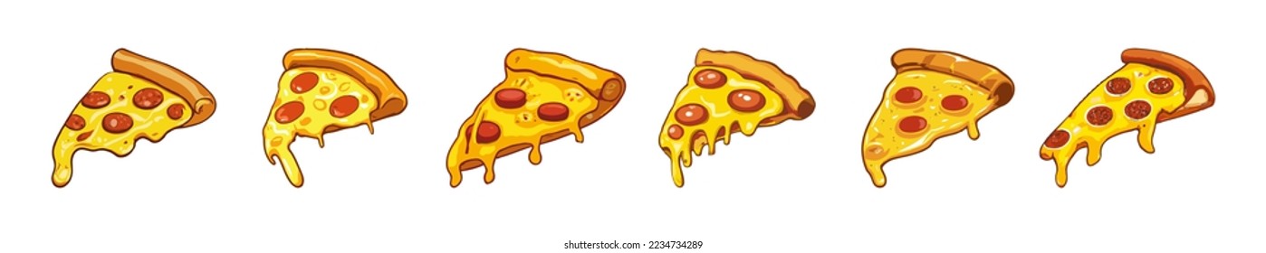 Pizza slice with dripping cheese. A slice of Italian pizza on a white background.Vector Illustration.