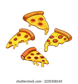 Pizza slice with dripping cheese. A slice of Italian pizza on a white background.Vector Illustration.