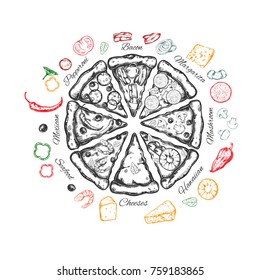 Pizza slice emblem. Vector hand drawn. Sketch style