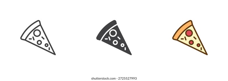 Pizza fatia fast food conjunto de ícone de estilo diferente. Linha, sólido e preenchido esboço ícone colorido, sinal de vetor e símbolo. Ícone de pizza para mercearia, take away e design de ícone de comida.