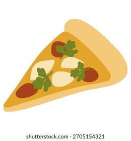 Pizza slice featuring mozzarella, tomato, and basil on a white background