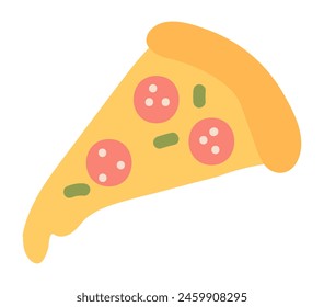 Pizza slice in flat design. Tasty italian food at pizzeria restaurant. Vector illustration isolated.